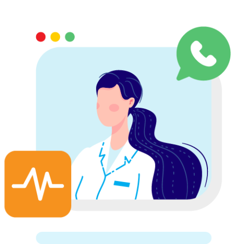 illustration of long dark haired woman in a pony tail with a medical/lab coat and a text bubble with a telephone on the top right and a heart rate box at the bottom left